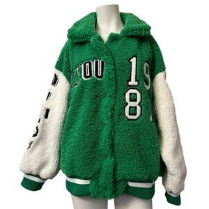 Ladies Medium Teddy Bear Green Varsity Bomber Jacket Plush Furry Unique Oversize